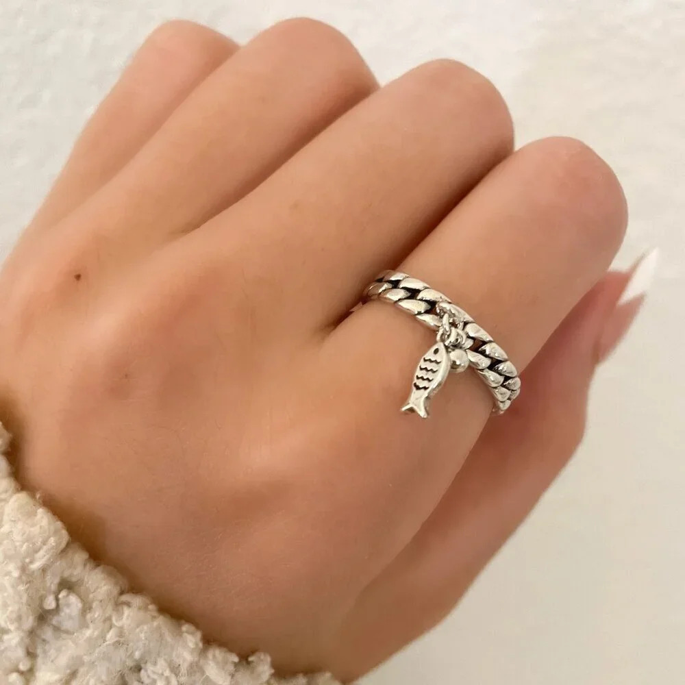 925 Sterling Silver Curb Chain Link Ring Dangle Ring Fish Ring Dainty Ring Band